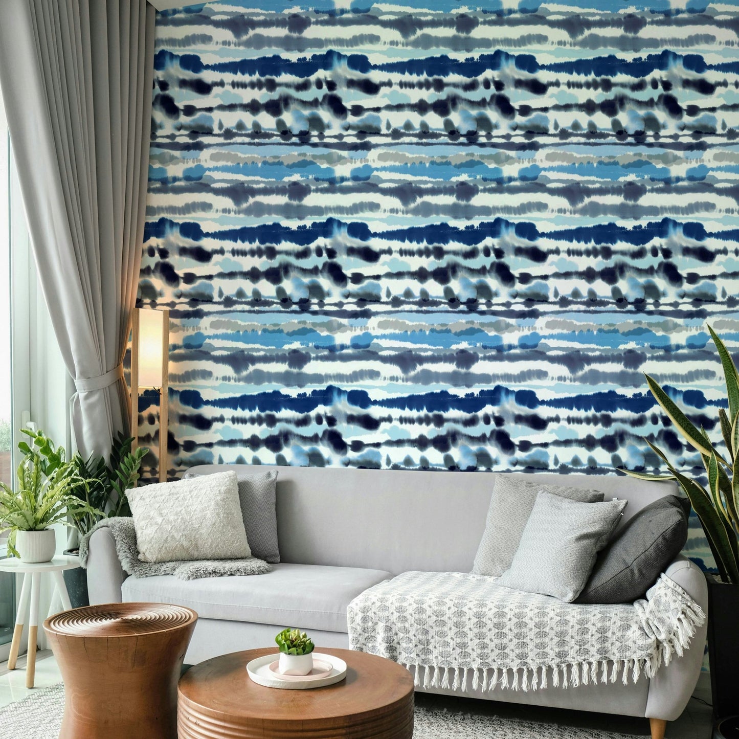 Blue wave stripe wall mural

