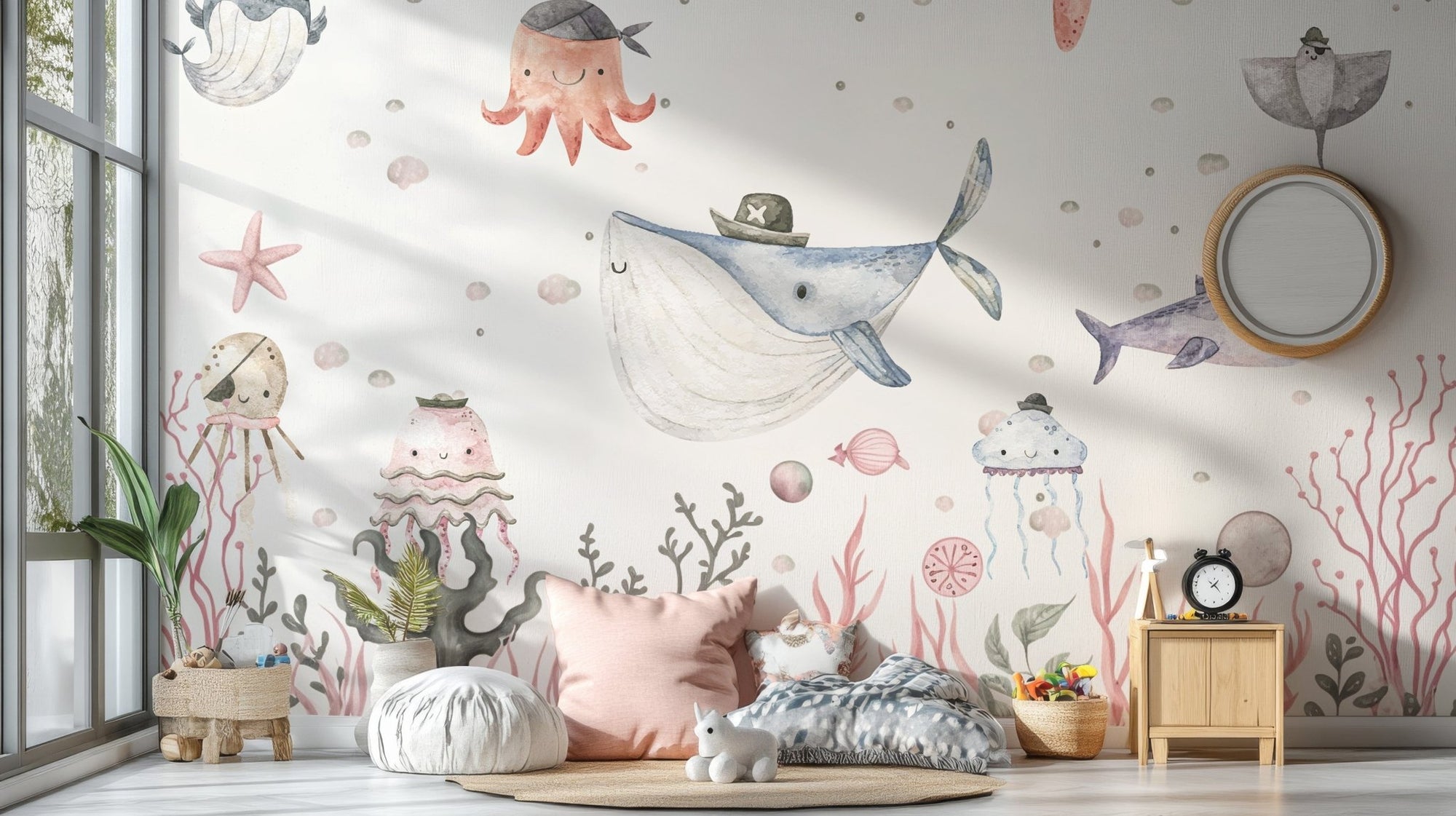 Playful maritime mischief aquarium mural for kids B847