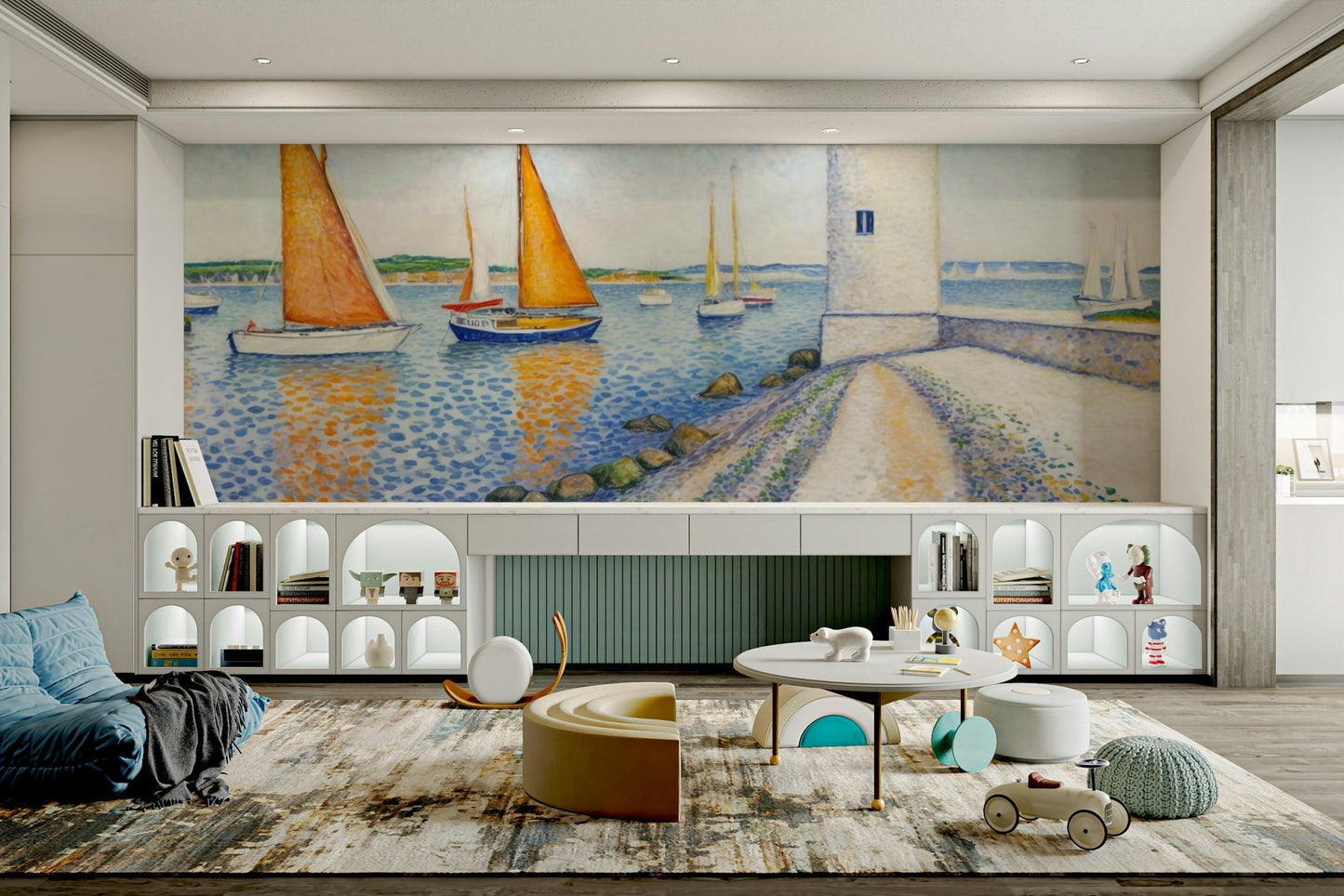 The design is made of small dots of color.

