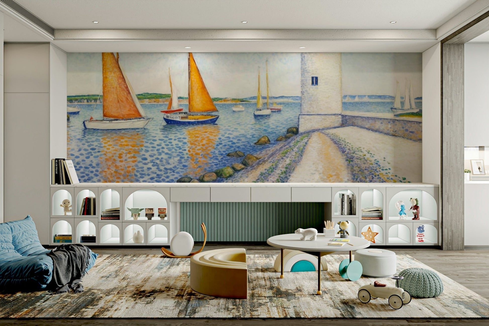 The design is made of small dots of color.

