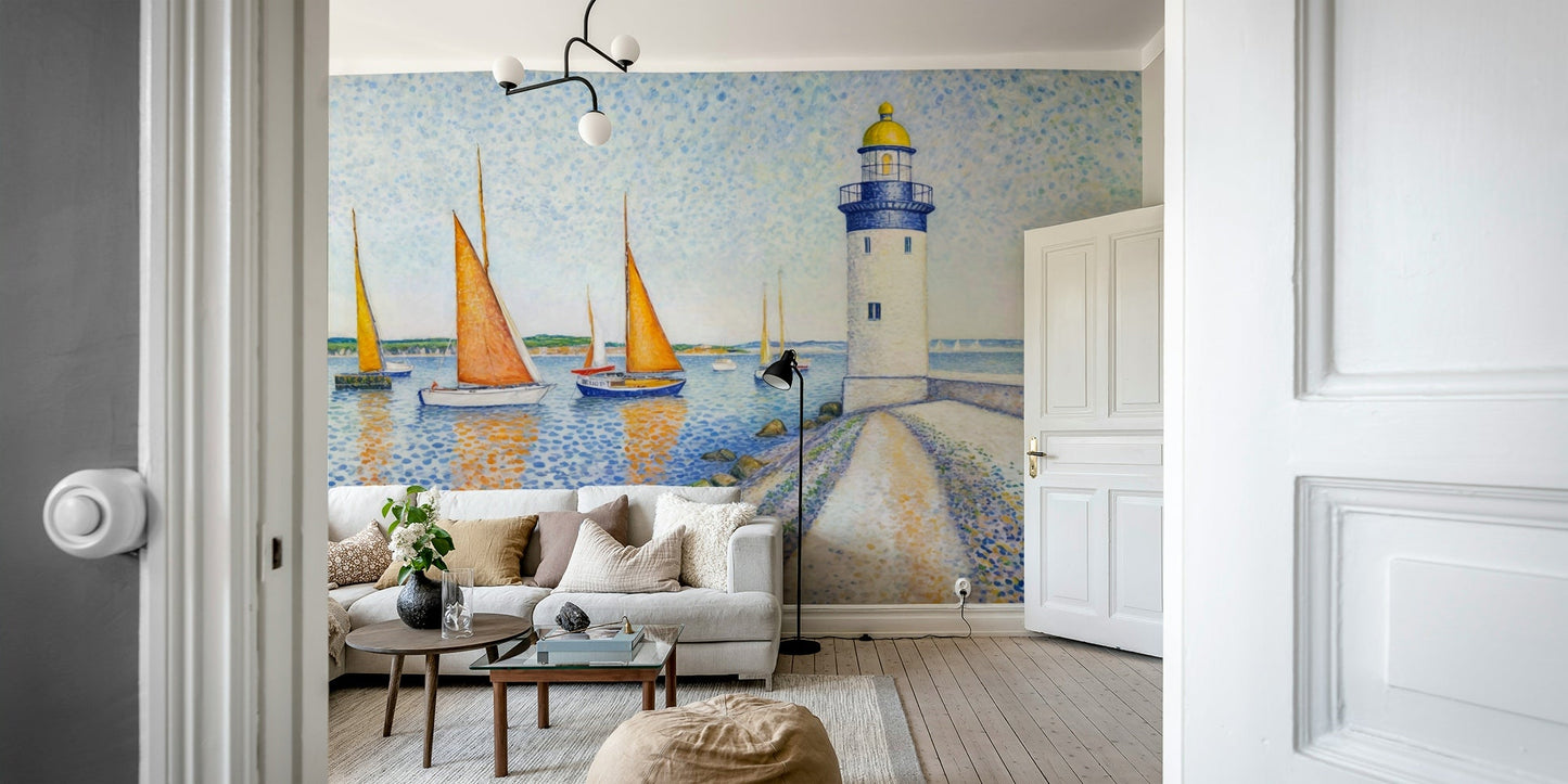 An artistic wall mural of a sea scene in the style of pointillism.

