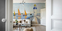 An artistic wall mural of a sea scene in the style of pointillism.

