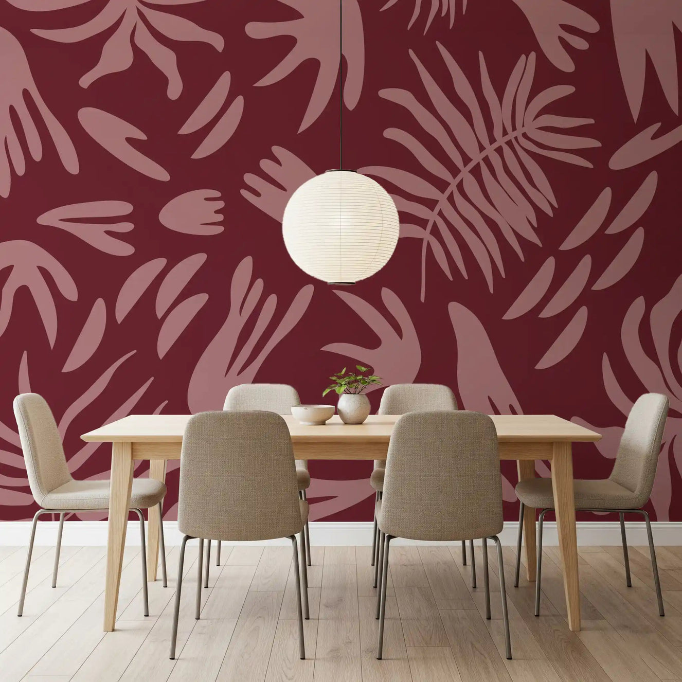 Custom mural design with maroon botanical pattern and flowing shapes
