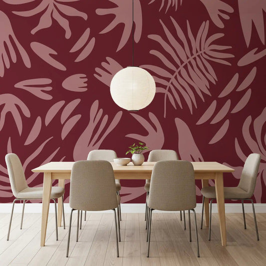 Custom mural design with maroon botanical pattern and flowing shapes