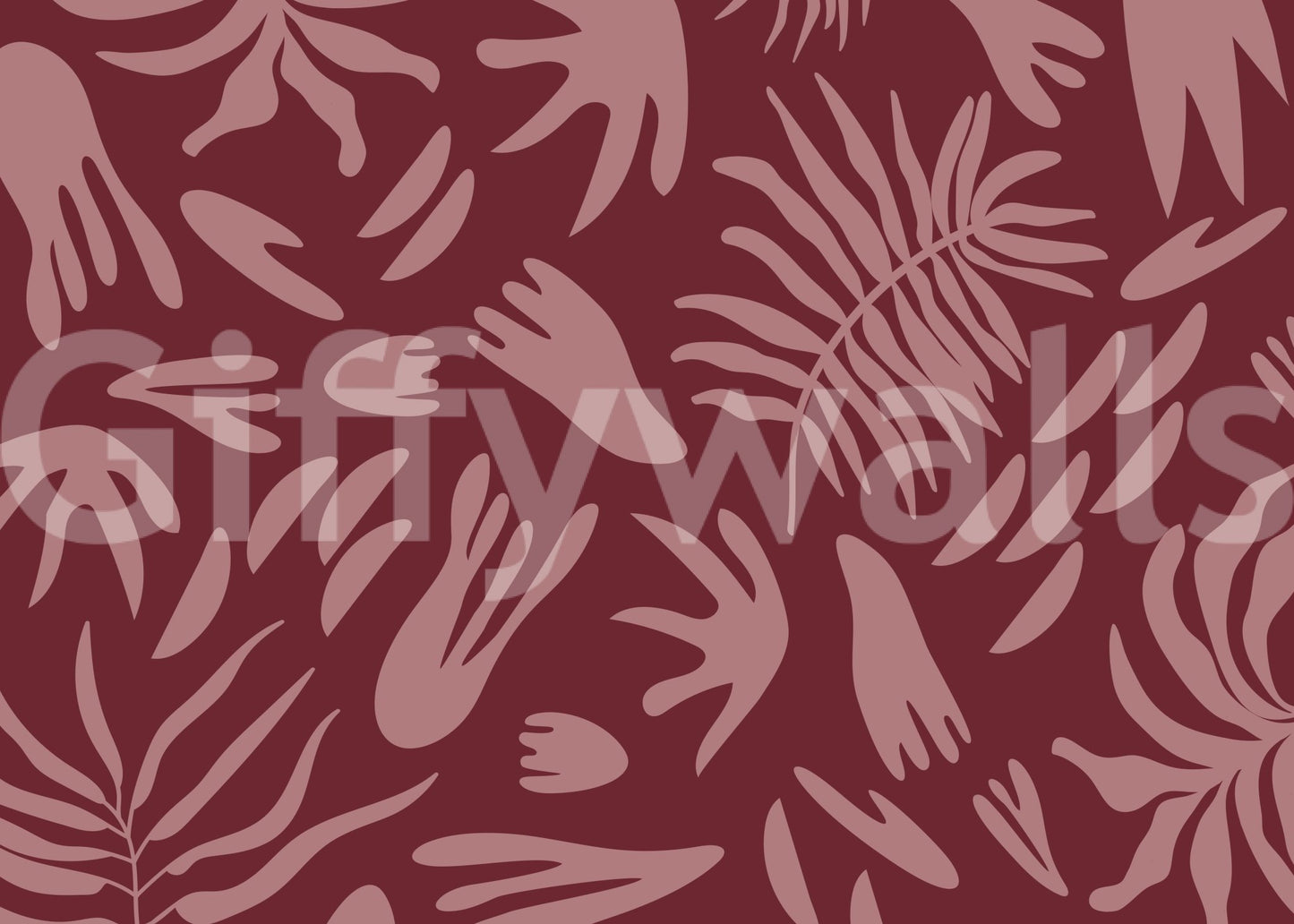 Artistic botanical mural with warm maroon background and soft contrast