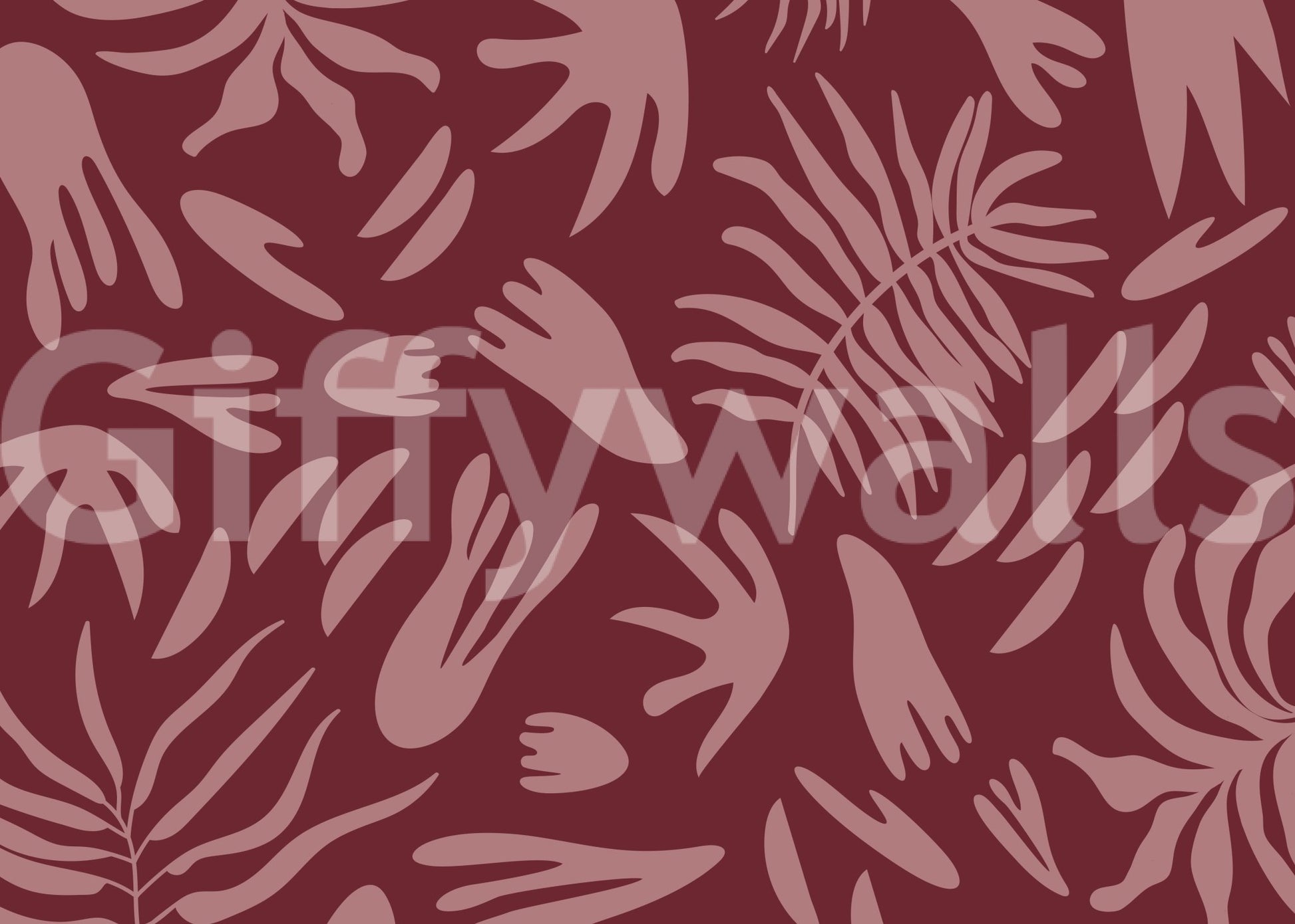 Artistic botanical mural with warm maroon background and soft contrast