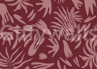 Artistic botanical mural with warm maroon background and soft contrast