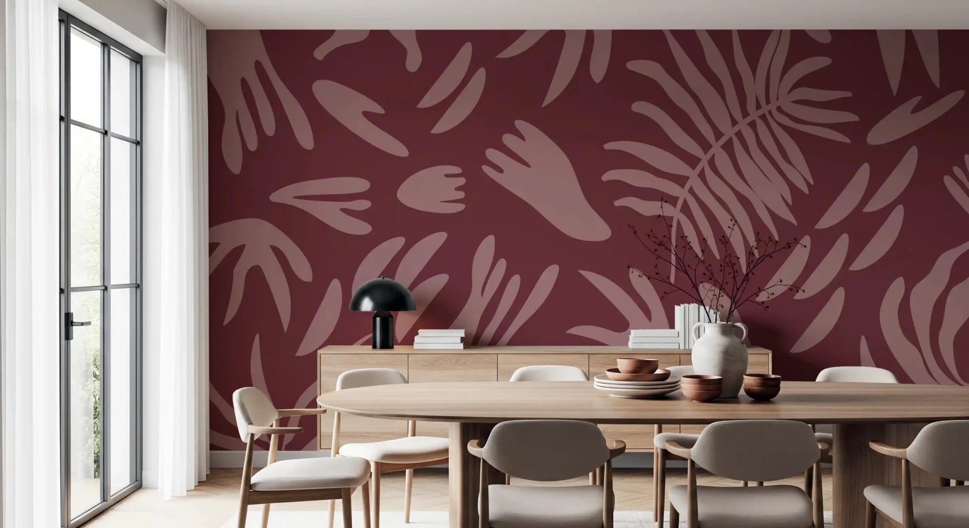 Dining room featuring Maroon Bloom Abstract Wall Mural in blush contrast
