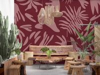 Bold floral wall mural in maroon and blush with modern styling