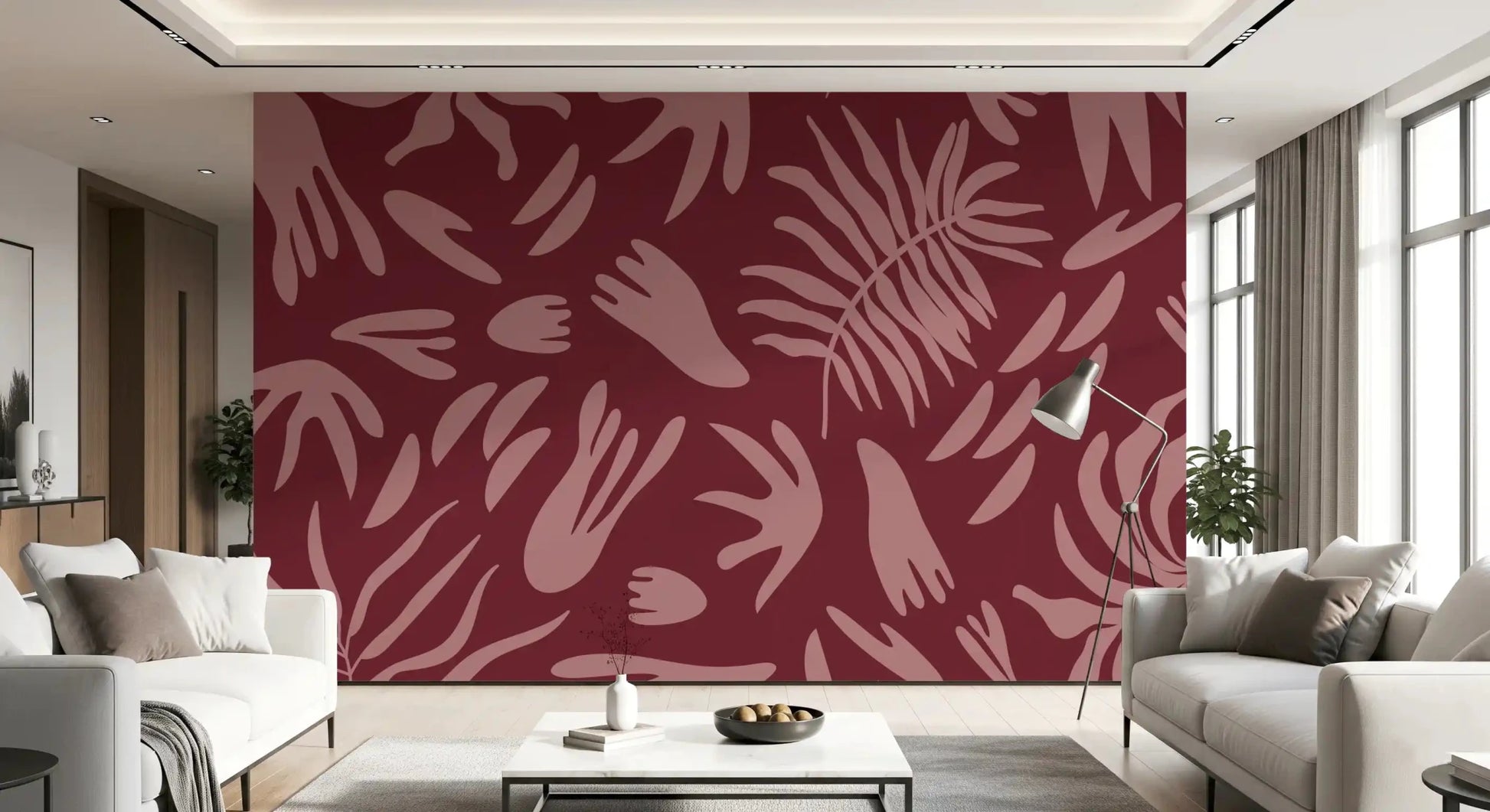 Living room wall styled with Maroon Bloom Abstract Wall Mural tones