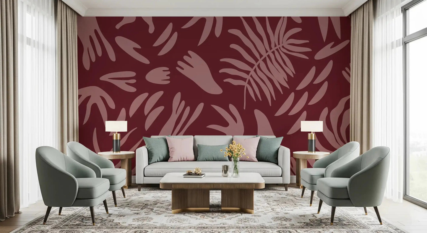 Abstract bloom wall mural showing rich maroon base and leaf artwork