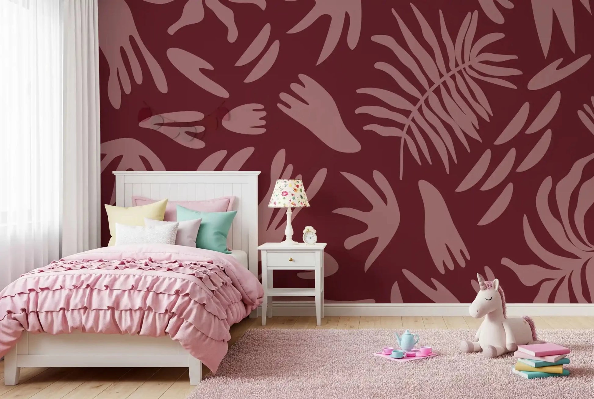 Kids room using Maroon Bloom Abstract Wall Mural for bold color