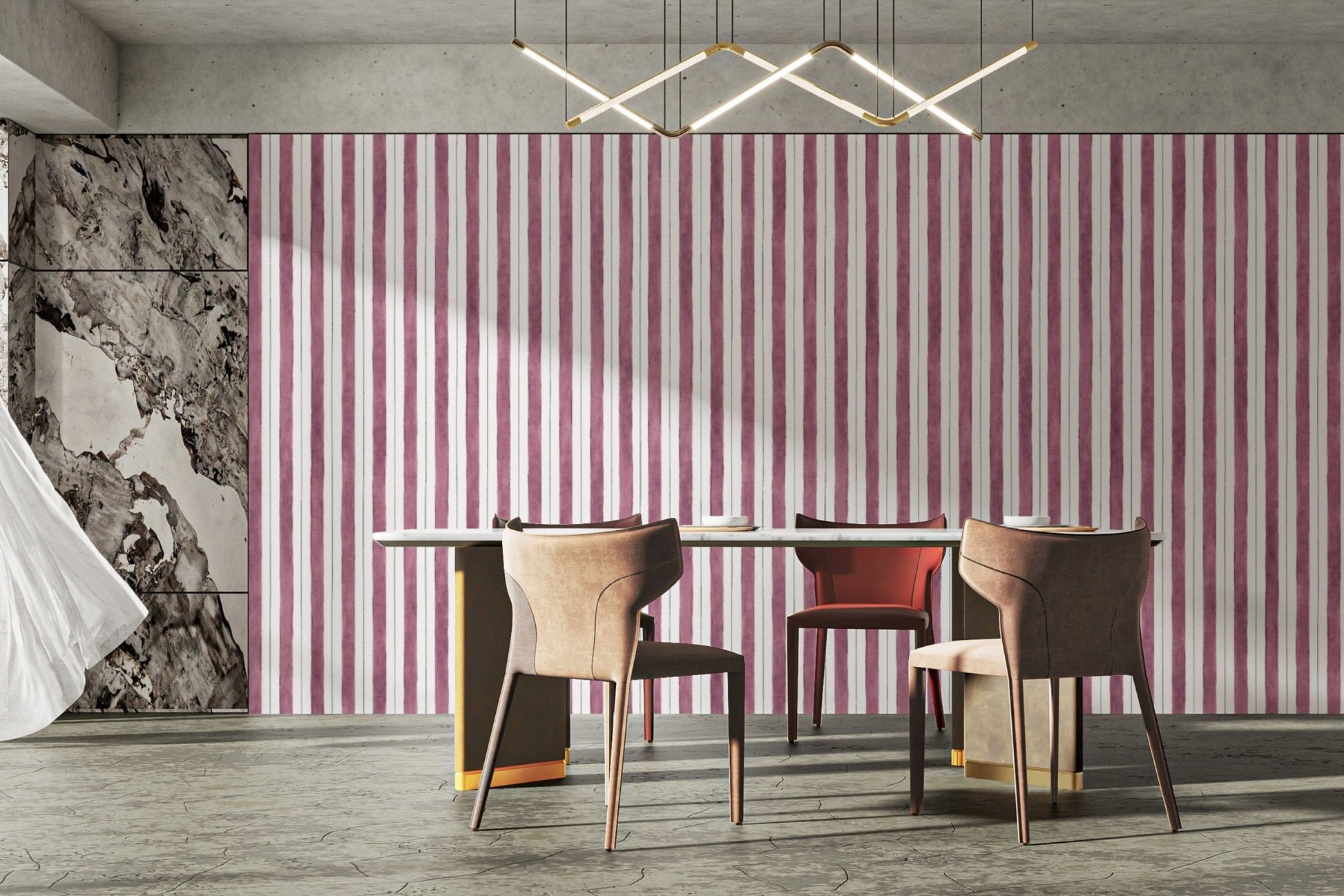 Bold maroon stripe wall covering design
