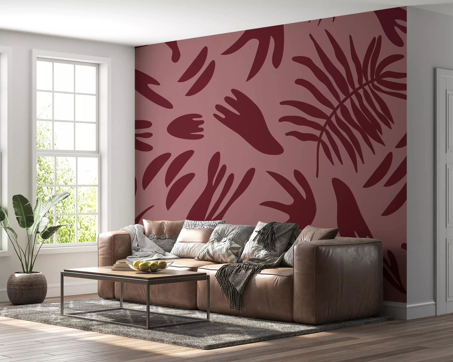 Maroon wall mural with blush base and bold botanical rhythm