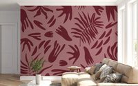 Abstract maroon botanical mural with clean leaf silhouettes