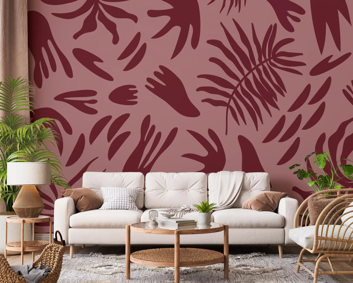 Hallway design showing maroon botanical wall mural leaf flow