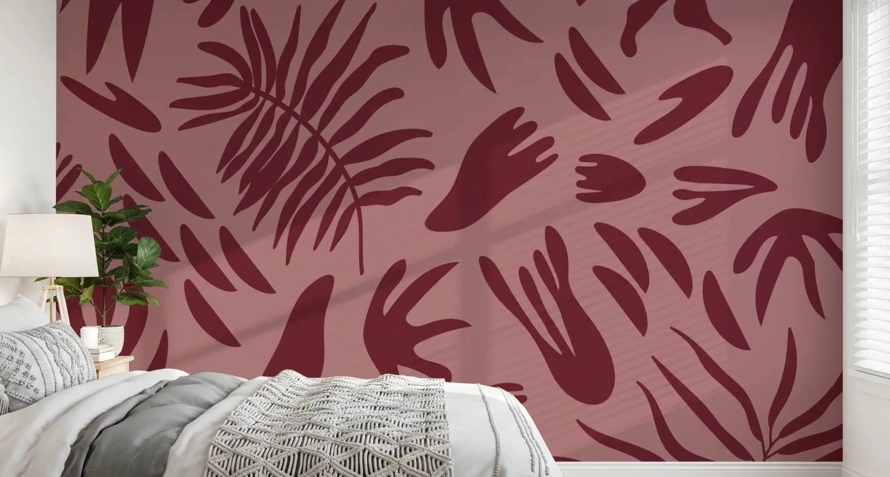 Maroon Botanical Rhythm Wall Mural for bedroom leaf styling, GD9157