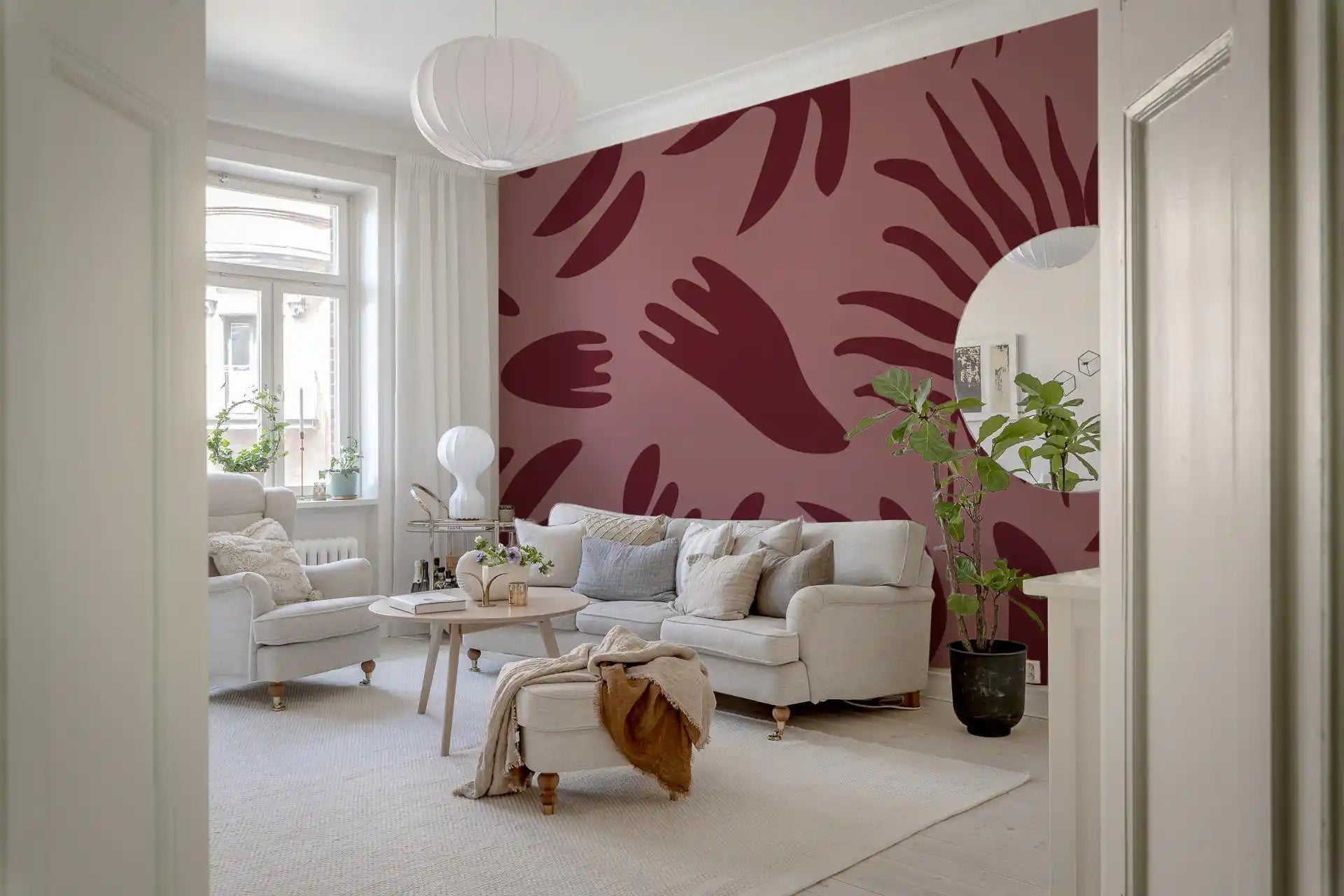 Custom-size Maroon Botanical Rhythm Wall Mural for bold styling