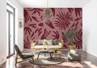 Botanical rhythm wall mural with soft blush and maroon contrast