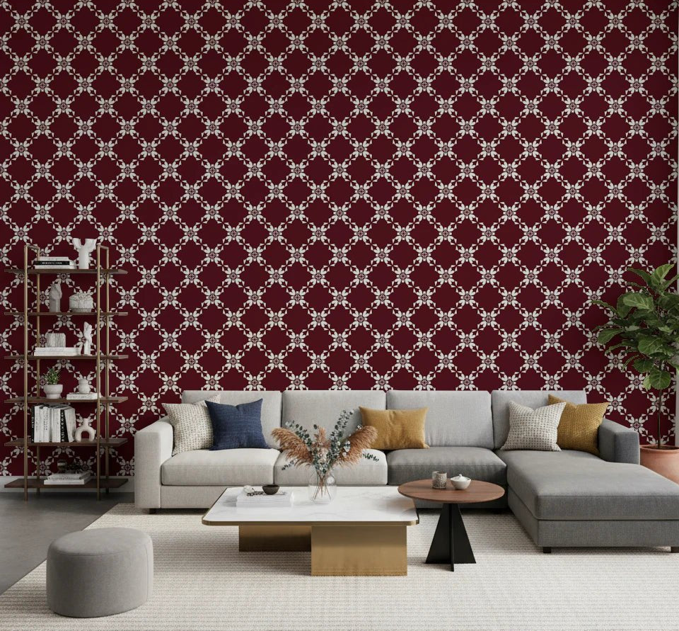 Living room styled with Maroon Lattice Wallpaper adding rich patterned depth, GD8235
