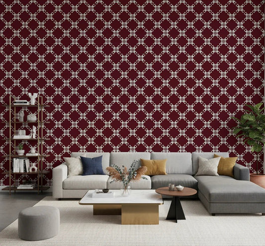 Living room styled with Maroon Lattice Wallpaper adding rich patterned depth