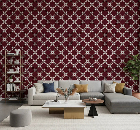 Living room styled with Maroon Lattice Wallpaper adding rich patterned depth, GD8235