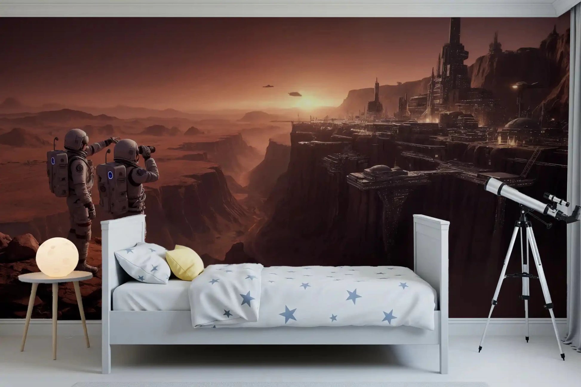 Space-inspired bedroom featuring Mars Colony Vista Wall Mural and toy rockets
