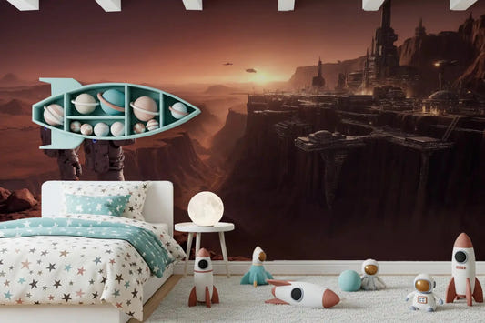 Mars Colony Vista Wall Mural behind a bed in a playful space-themed kids room