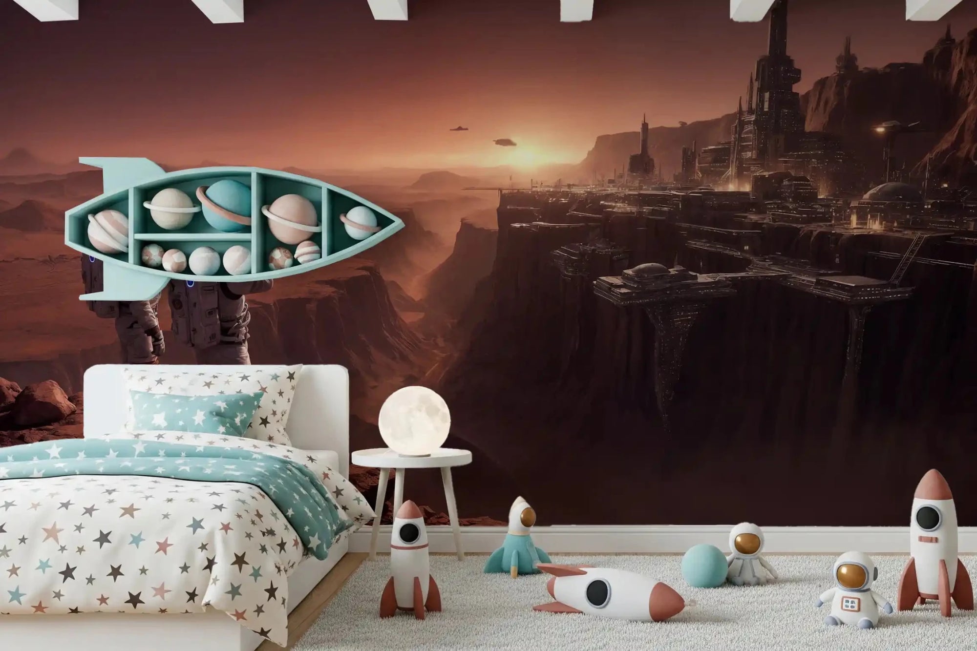 Mars Colony Vista Wall Mural behind a bed in a playful space-themed kids room, GD8921