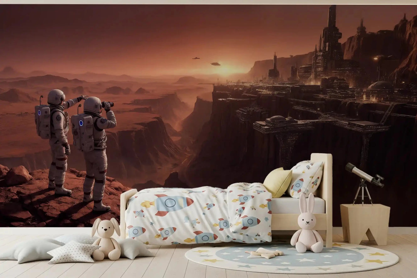 Rocket-themed bedroom with Mars Colony Vista Wall Mural above a soft white bed