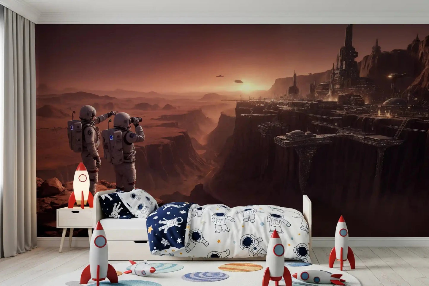 Mars Colony Vista Wall Mural above a bed in a warm children's bedroom