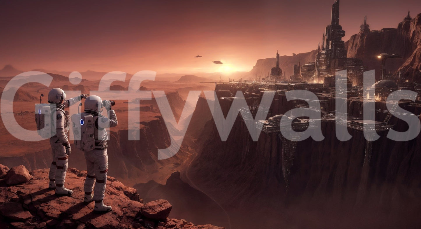 Wide canyon and skyline in Mars Colony Vista Wall Mural beneath amber dusk light