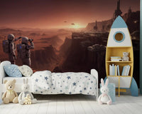 Mars Colony Vista Wall Mural behind a low bed in a softly lit child's room