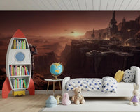 Mars Colony Vista Wall Mural above a simple bed in a bright kids sleeping nook