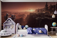 Toy house shelf beside Mars Colony Vista Wall Mural in a cheerful kids room
