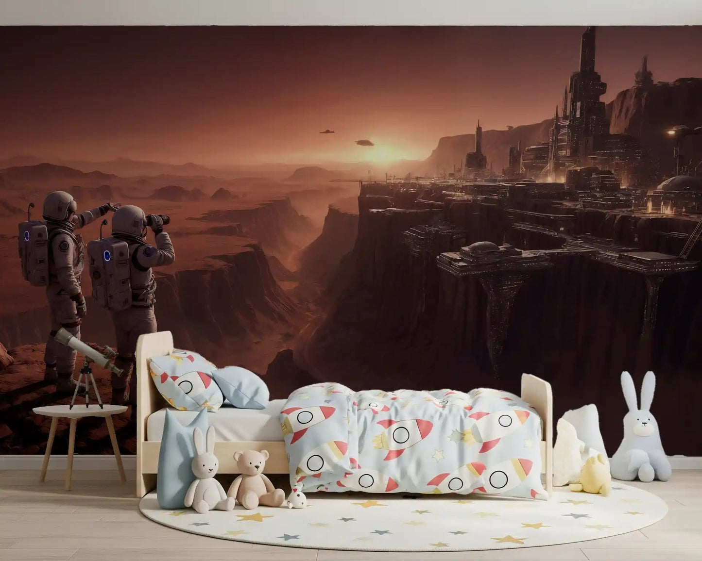 Blue bedding pairs with Mars Colony Vista Wall Mural in a snug kids bedroom