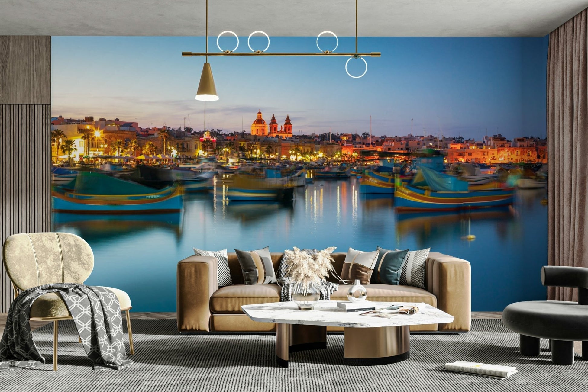 The boats are painted in bright red, blue, and yellow.

