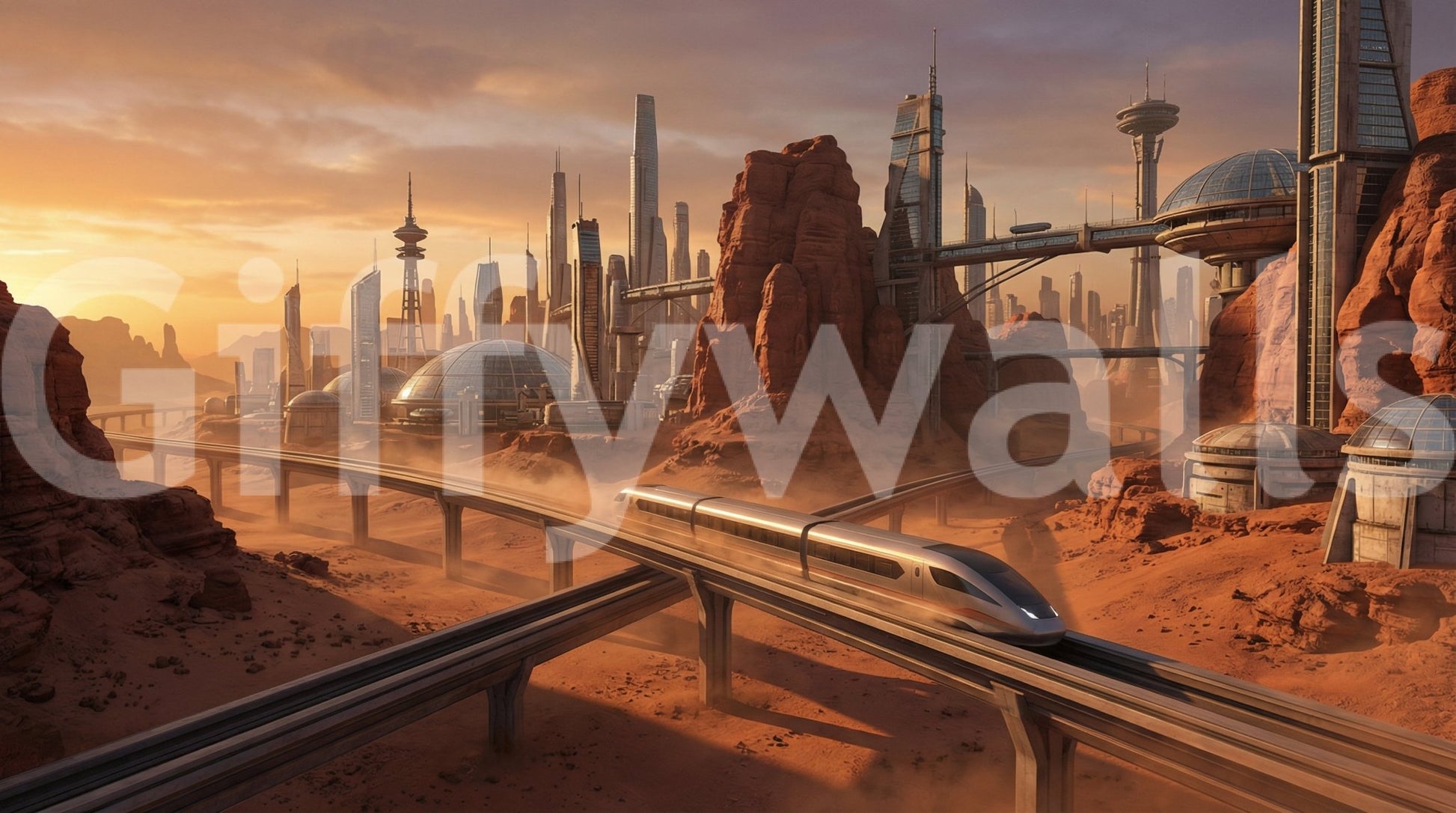 Golden light washes Martian Metropolis Wall Mural across domes, cliffs, and train