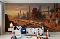Play table area styled with Martian Metropolis Wall Mural and skyline detail