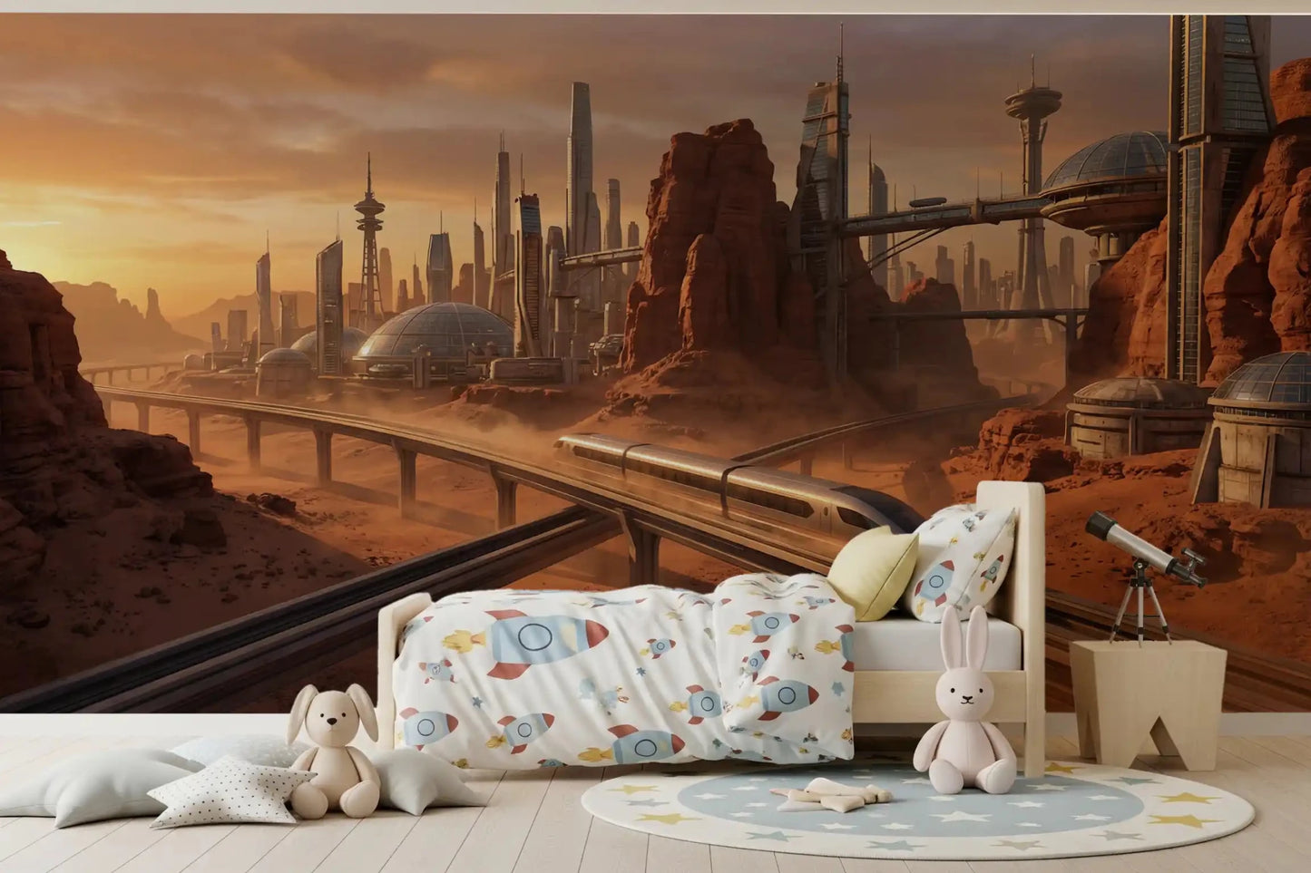 Kids room scene with Martian Metropolis Wall Mural and patterned bedding
