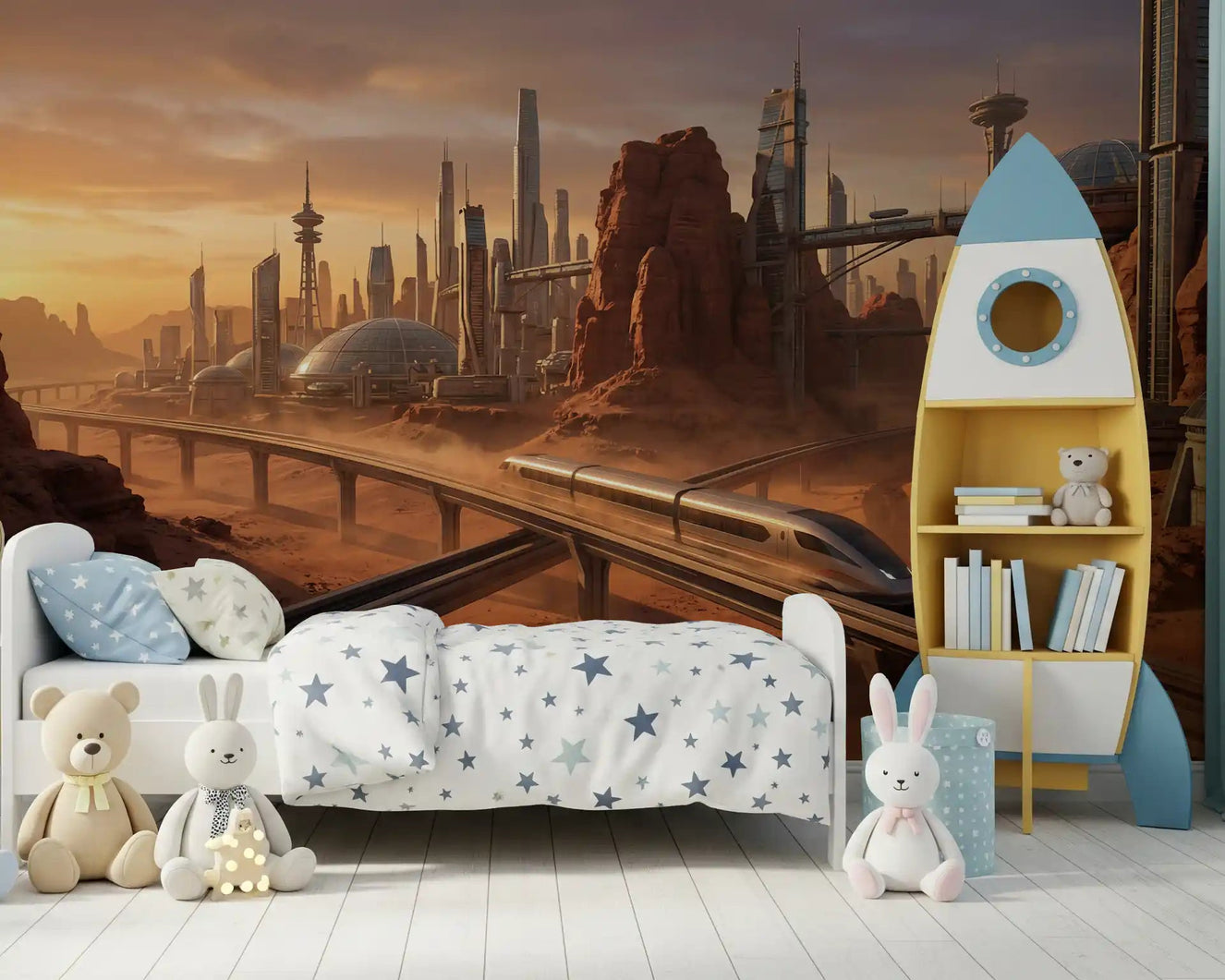 Rocket-themed kids room with Martian Metropolis Wall Mural above the bed