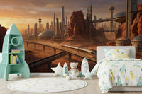Soft kids corner with Martian Metropolis Wall Mural and a low bed setup