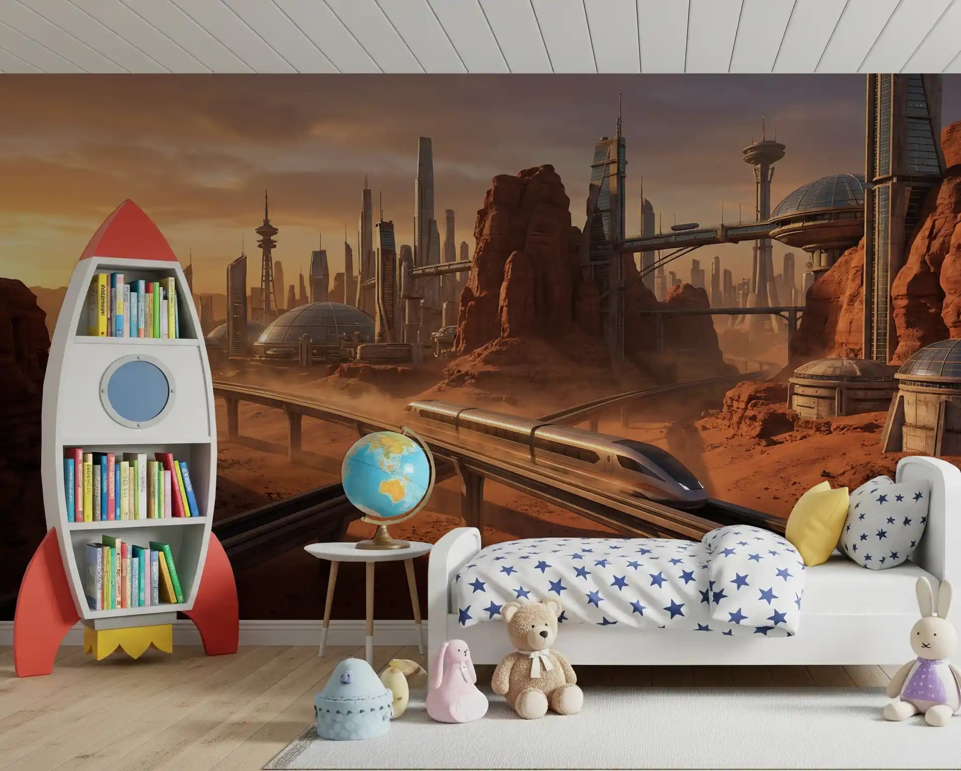 Martian Metropolis Wall Mural paired with toy rockets in a themed bedroom