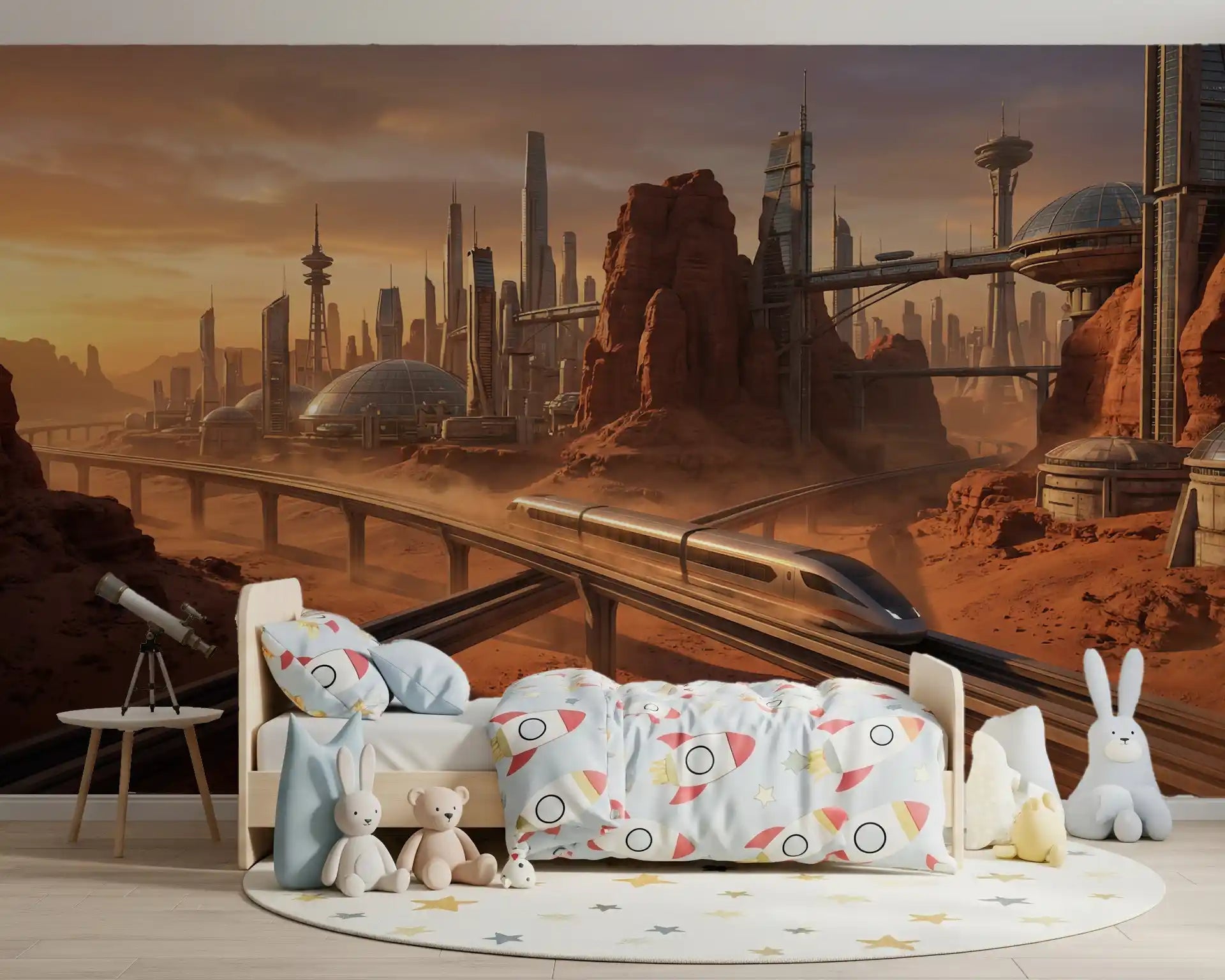 Warm children’s bedroom featuring Martian Metropolis Wall Mural by the bed