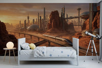 Martian Metropolis Wall Mural above a bed in a light-filled kids bedroom