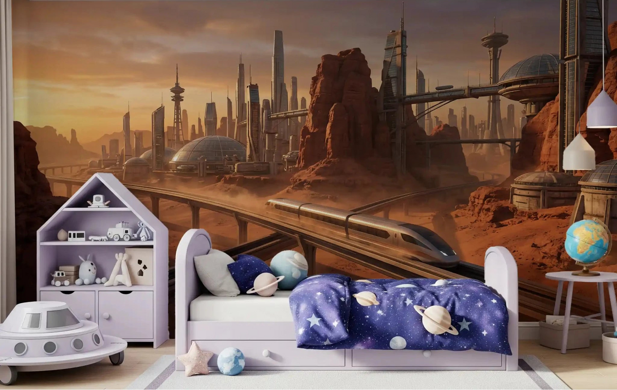 Martian Metropolis Wall Mural behind a child’s bed in a playful bedroom, GD8922