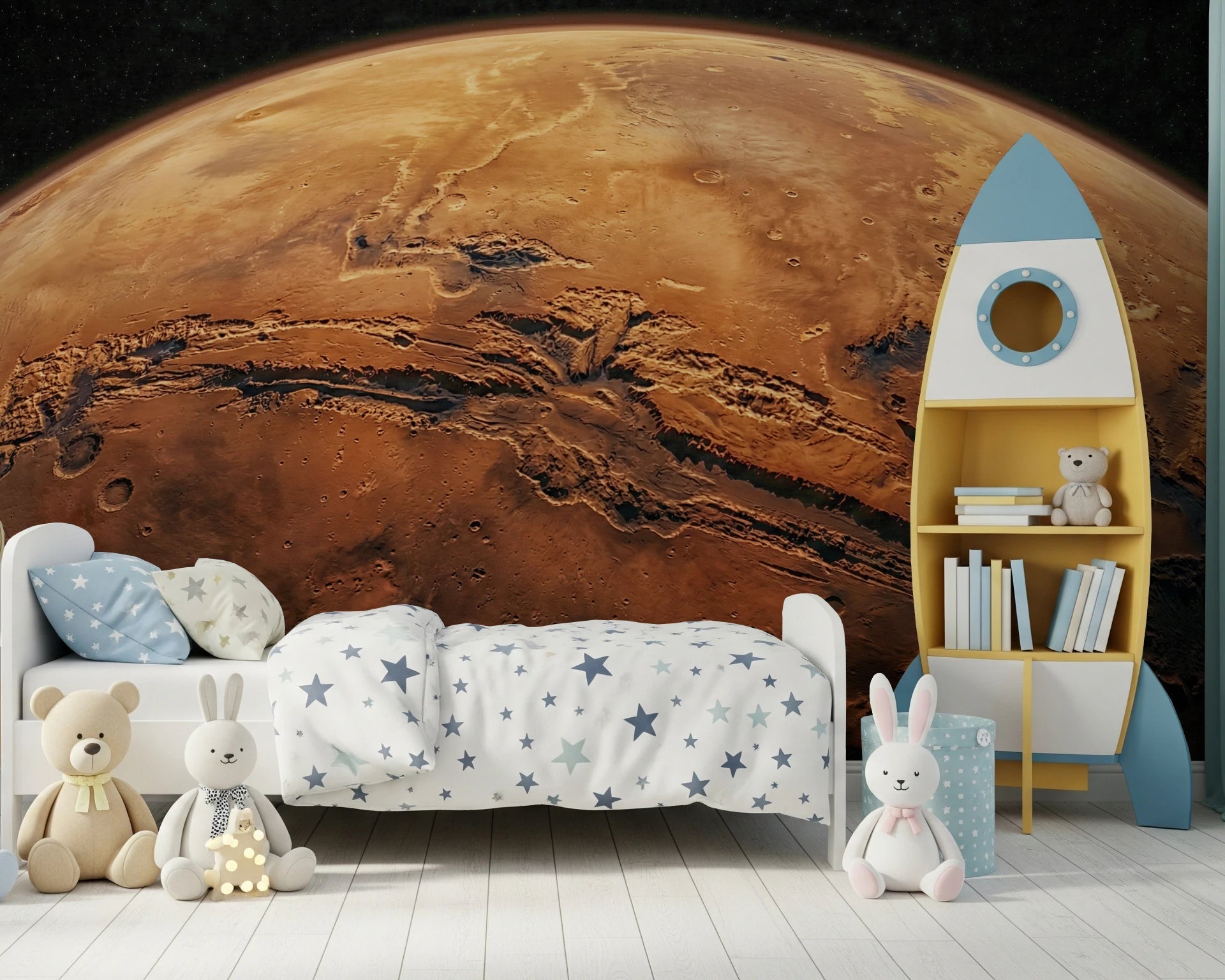 Storytime nook brightened by Martian Vista Wall Mural with rocket shelf styling, GD8560