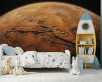 Storytime nook brightened by Martian Vista Wall Mural with rocket shelf styling, GD8560