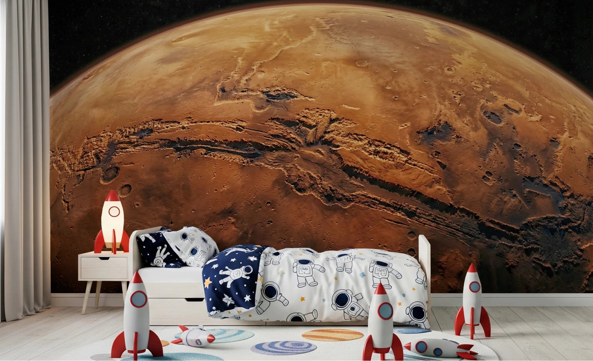 Kids bedroom styled with Martian Vista Wall Mural and space-themed rocket accents, GD8560