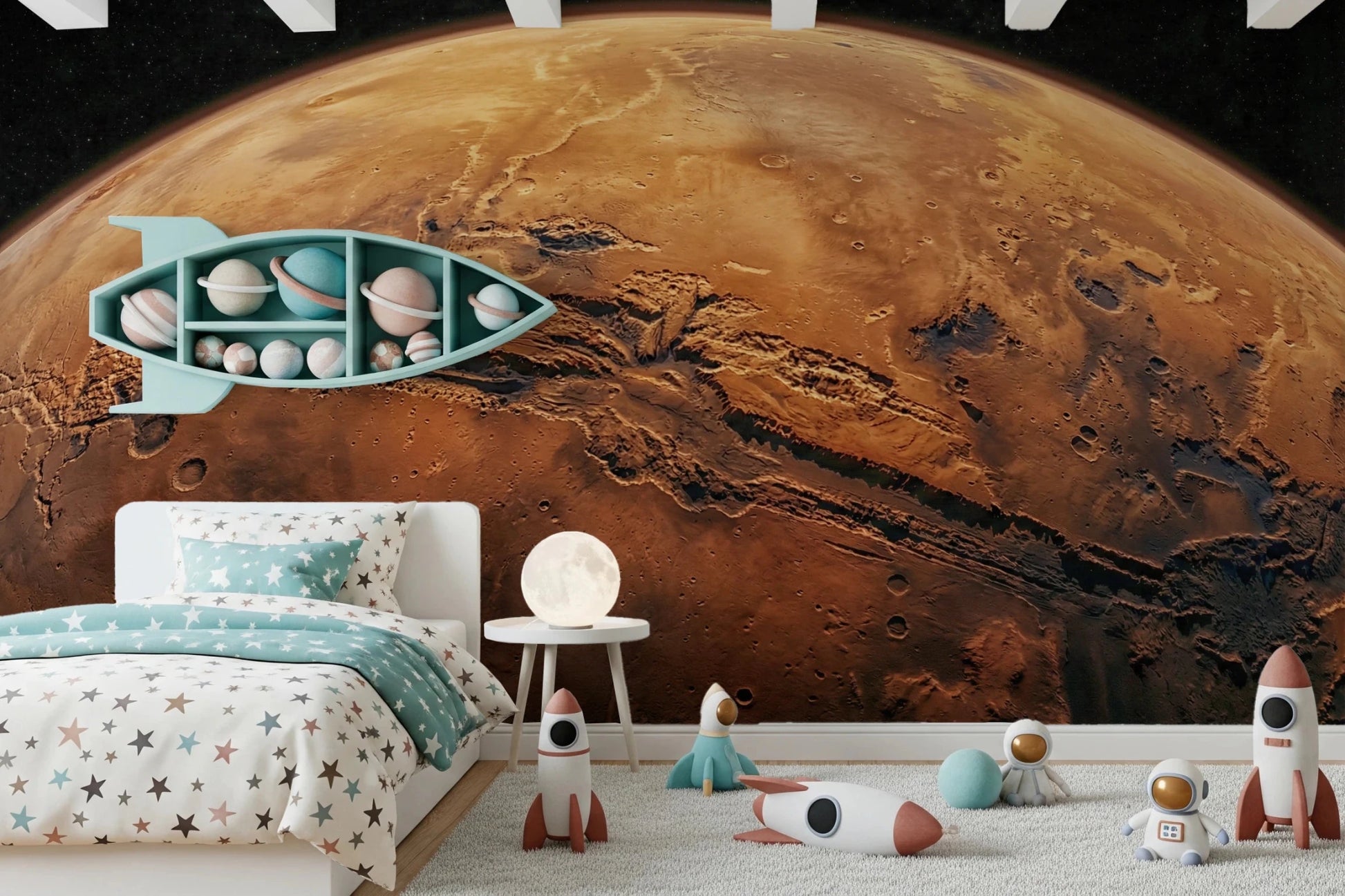 Nursery setup framed by Martian Vista Wall Mural with rockets and soft pastel toys, GD8560
